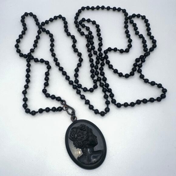 Antique Victorian Whitby jet black cameo jet glass beaded 66” mourning necklace - Picture 1 of 8
